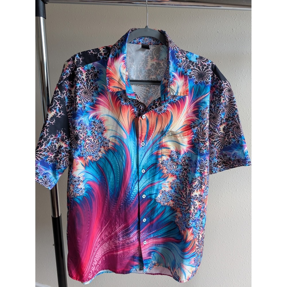Mens Fractal Psychedelic Print Button Up Shirt Short Sleeve Blue Pink Size M